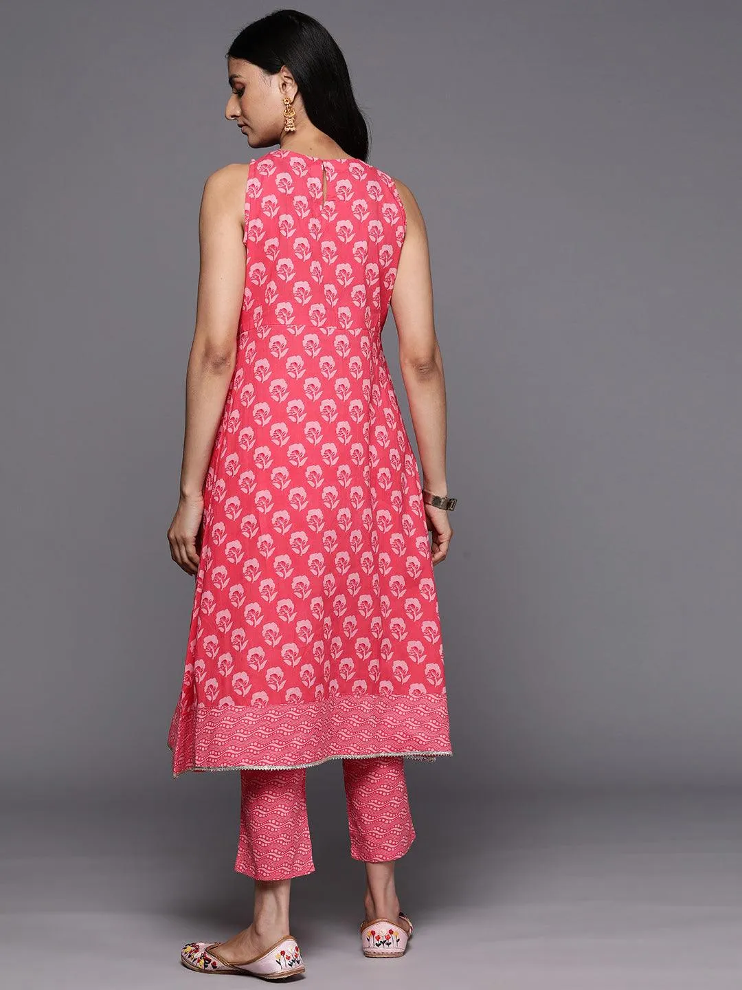 Coral Printed Cotton A-Line Kurta With Trousers