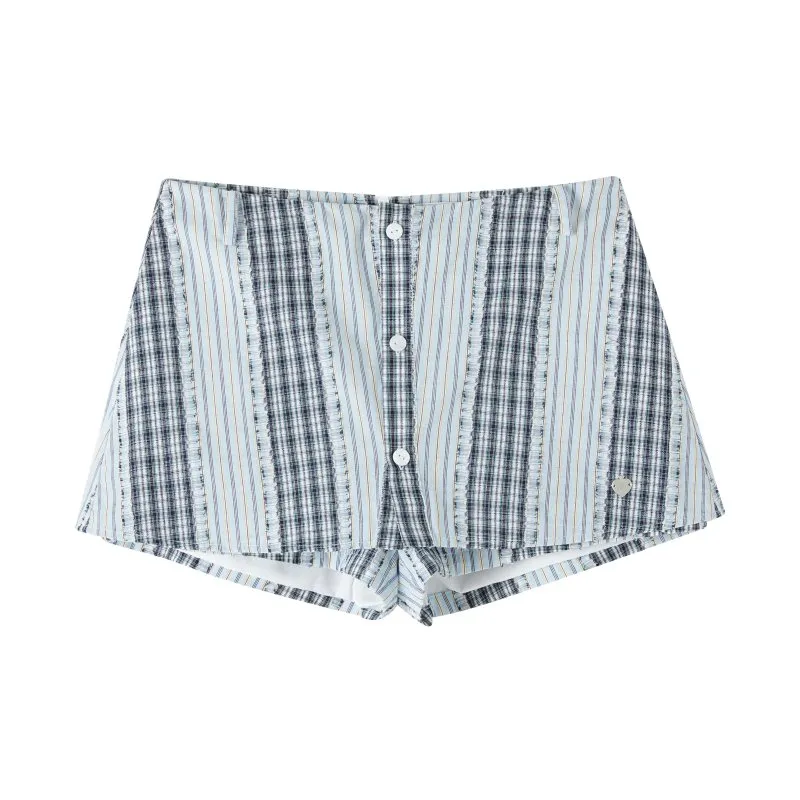 Cut-out Fringed Plaid Culottes in Blue