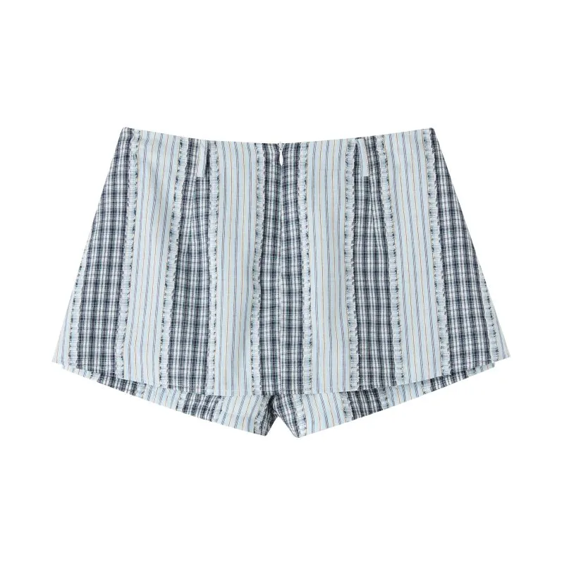 Cut-out Fringed Plaid Culottes in Blue