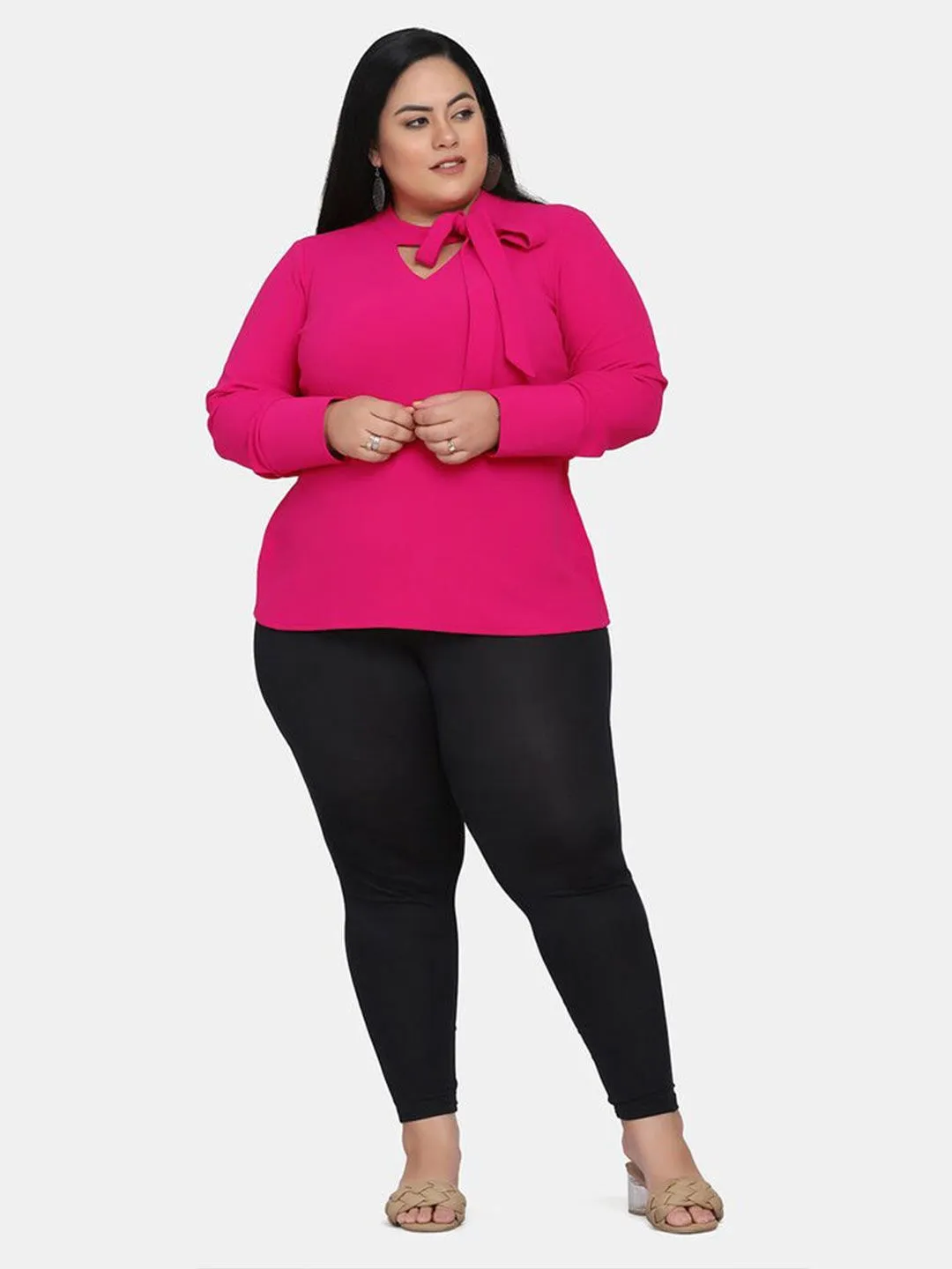 Cut Out V-Neck Stretch Top - Hot Pink