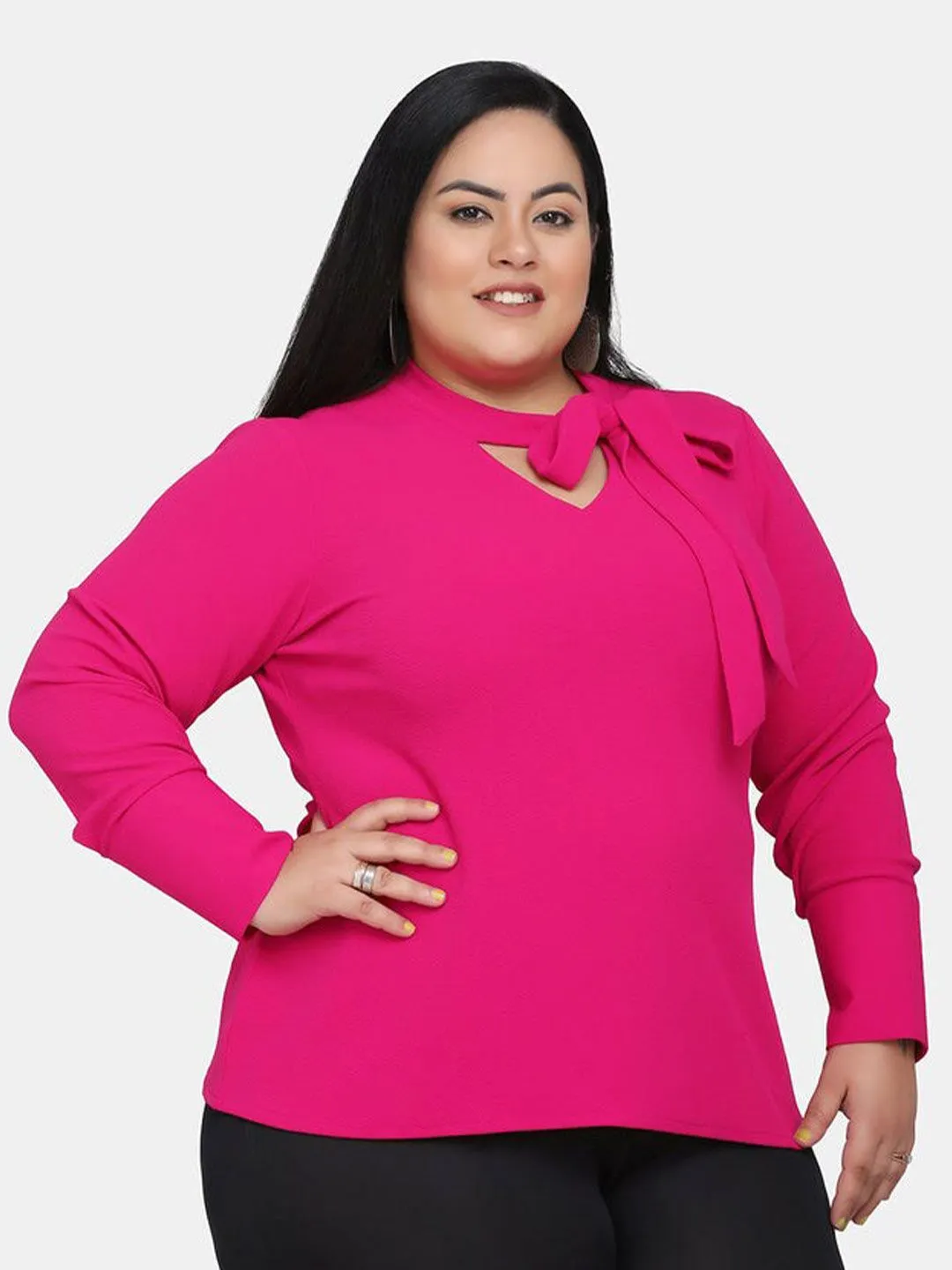 Cut Out V-Neck Stretch Top - Hot Pink