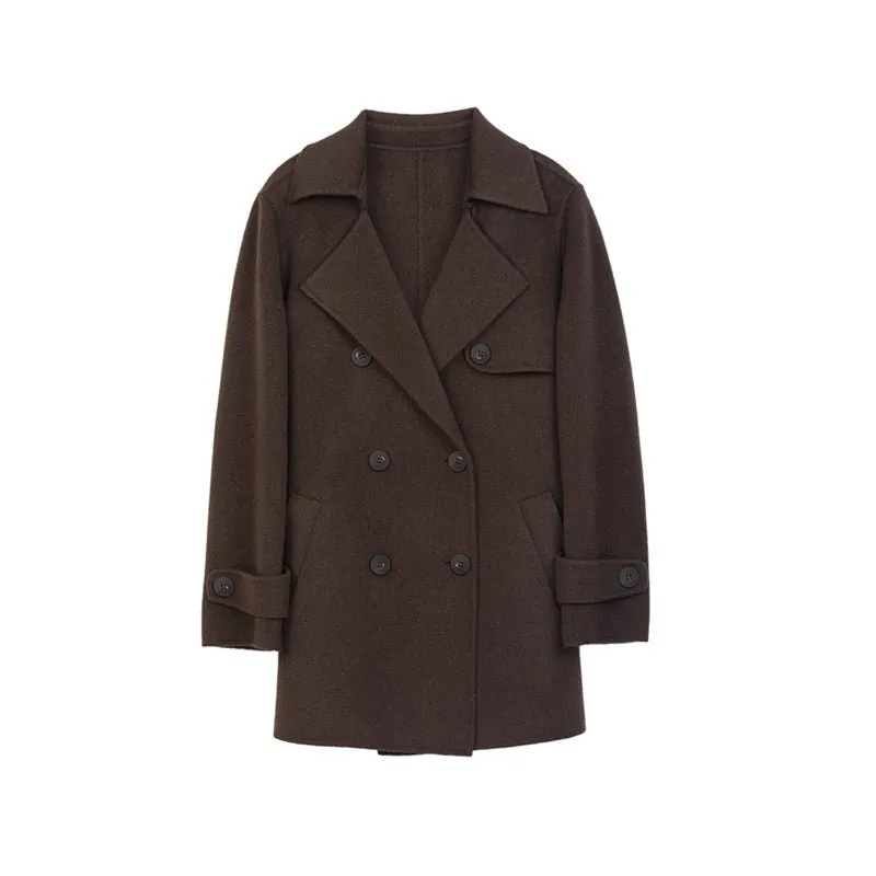 Dark Brown Short Belted Lapel Wool Winter Coat