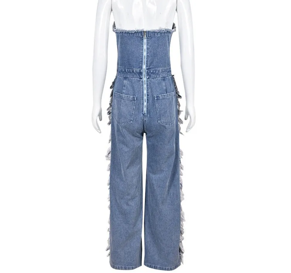 DENIM RIPPED JEAN WIDELEG JUMPSUIT