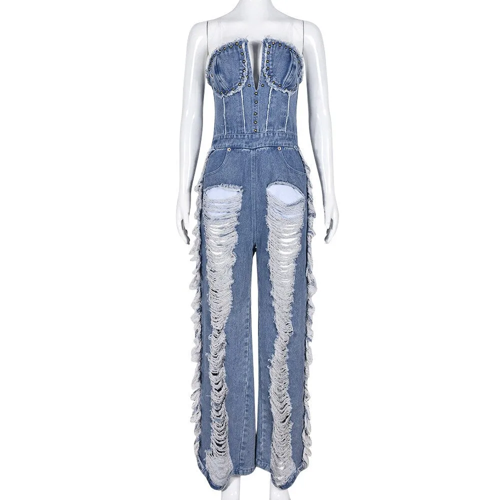 DENIM RIPPED JEAN WIDELEG JUMPSUIT