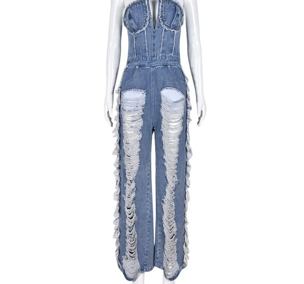 DENIM RIPPED JEAN WIDELEG JUMPSUIT