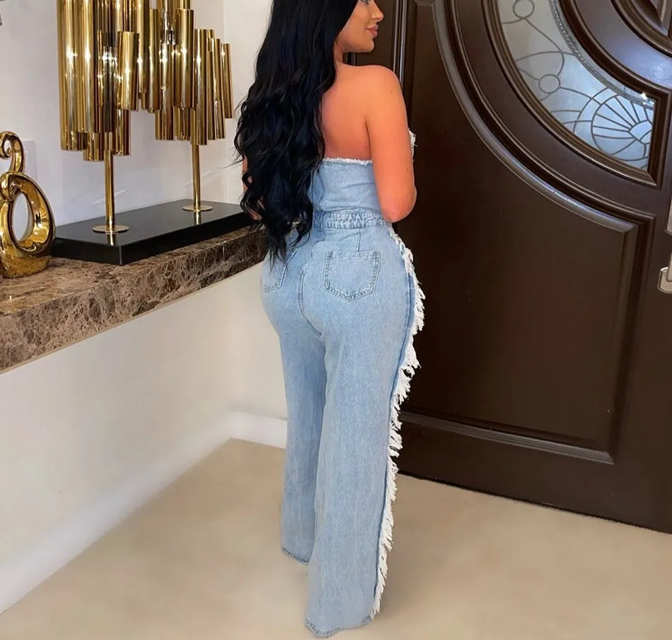 DENIM RIPPED JEAN WIDELEG JUMPSUIT