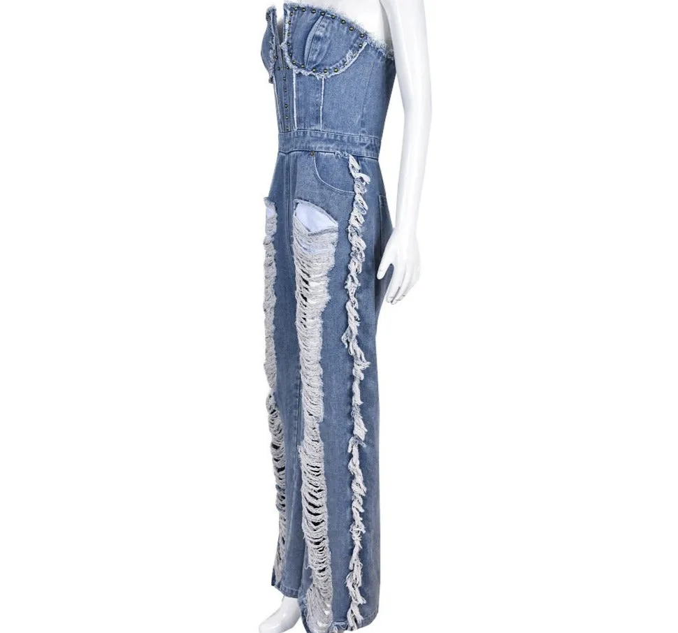 DENIM RIPPED JEAN WIDELEG JUMPSUIT