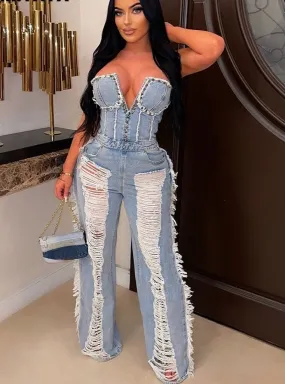 DENIM RIPPED JEAN WIDELEG JUMPSUIT