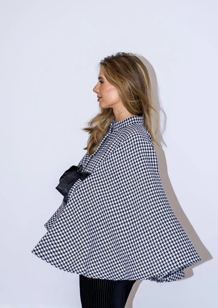 Dogtooth Cape Coat With Ties - Black and White Check