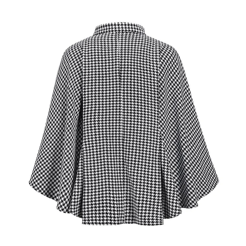 Dogtooth Cape Coat With Ties - Black and White Check