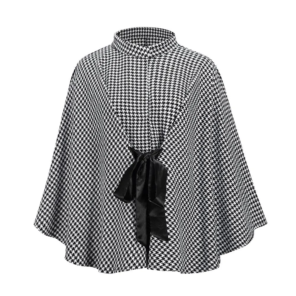 Dogtooth Cape Coat With Ties - Black and White Check