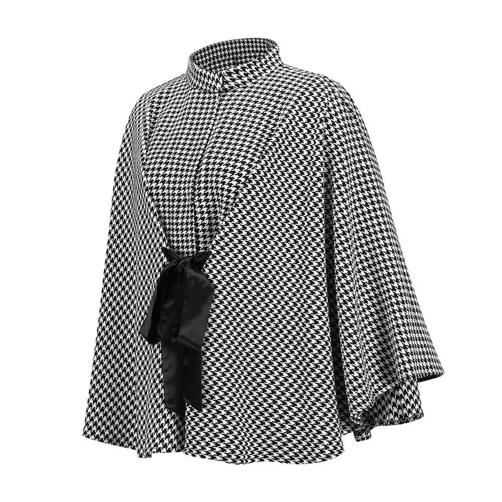 Dogtooth Cape Coat With Ties - Black and White Check