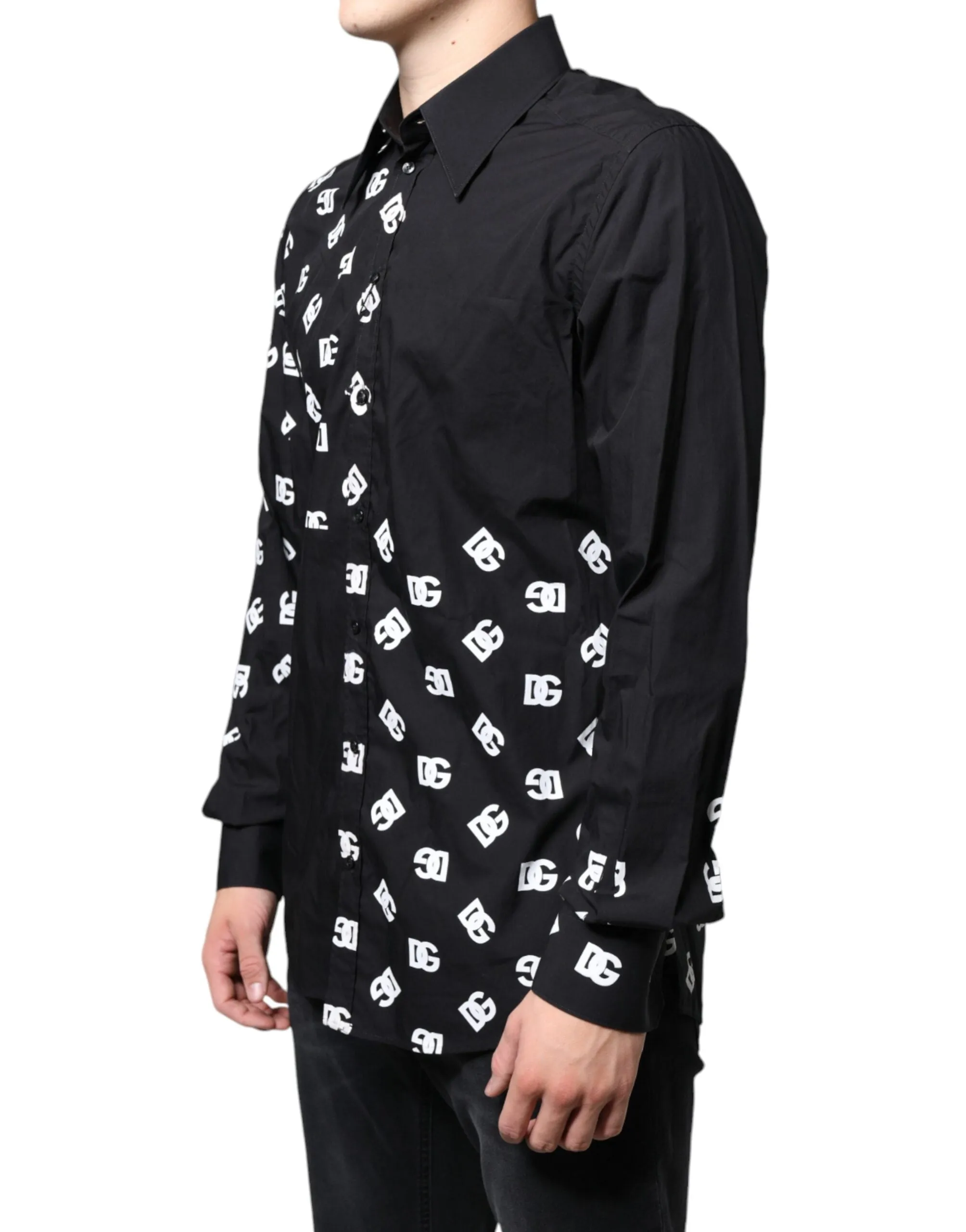 Dolce & Gabbana Black DG Logo Print Slim Fit Cotton Shirt