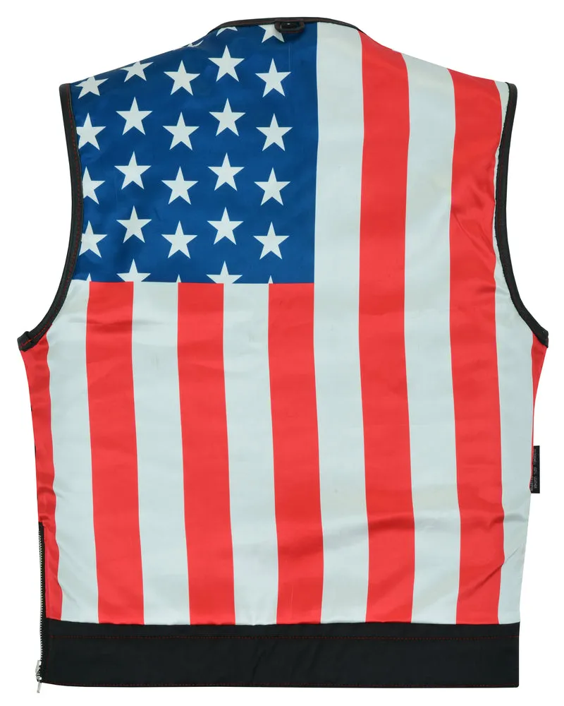 DS155 Men's Leather Vest with Red Stitching and USA Inside Flag Lining