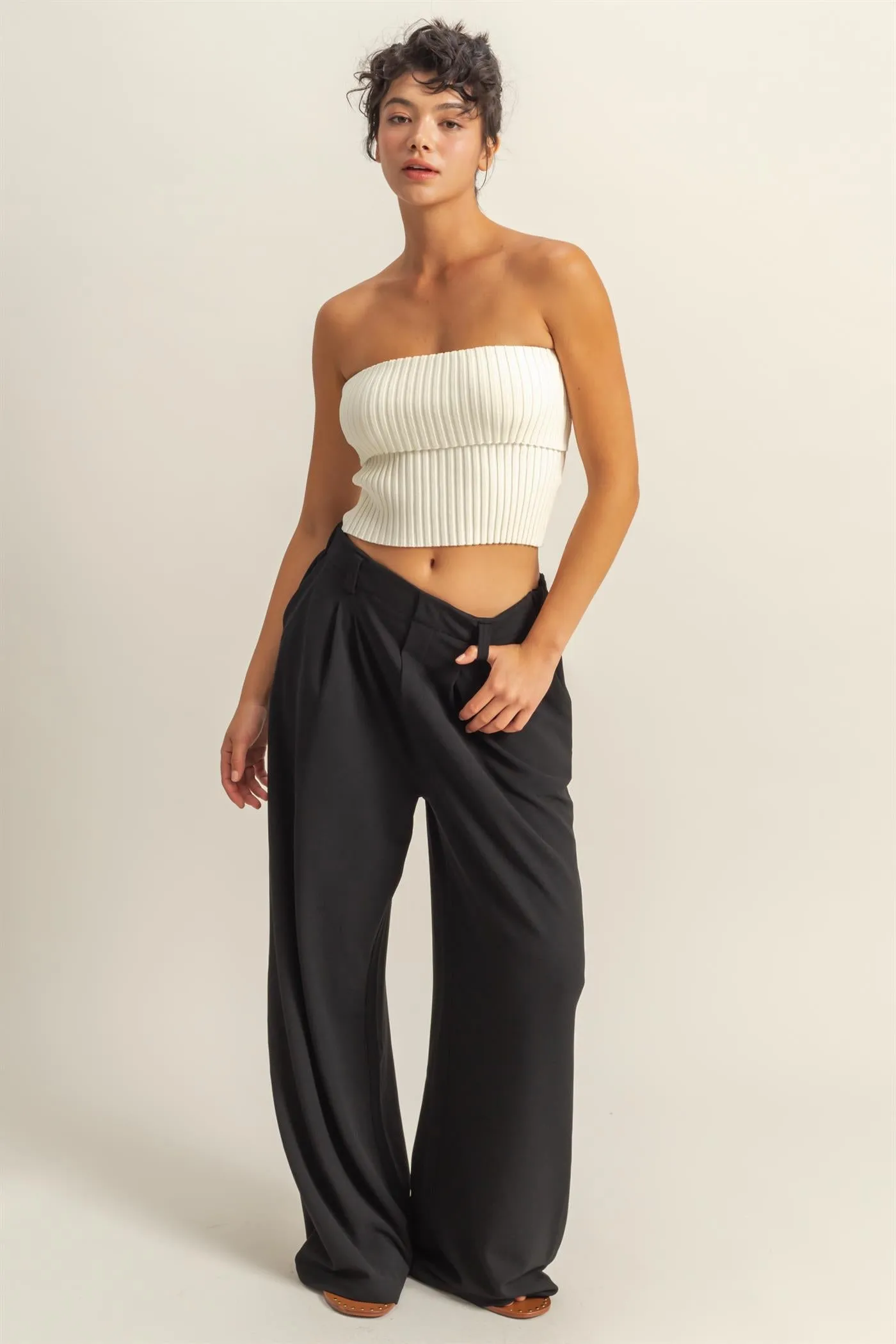 DZ25A673-Waffle Knit High-Waist Wide-Leg Pants