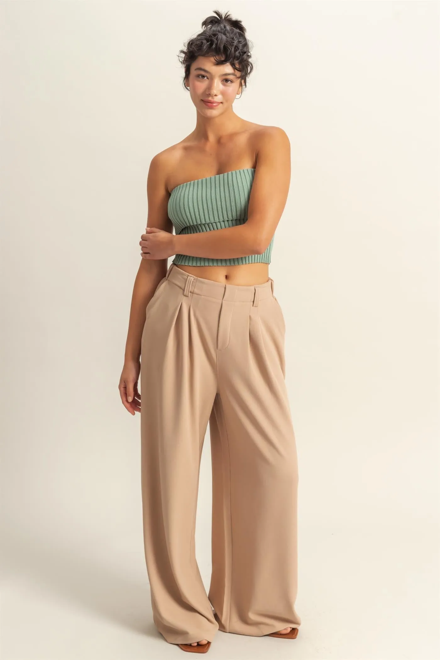 DZ25A673-Waffle Knit High-Waist Wide-Leg Pants