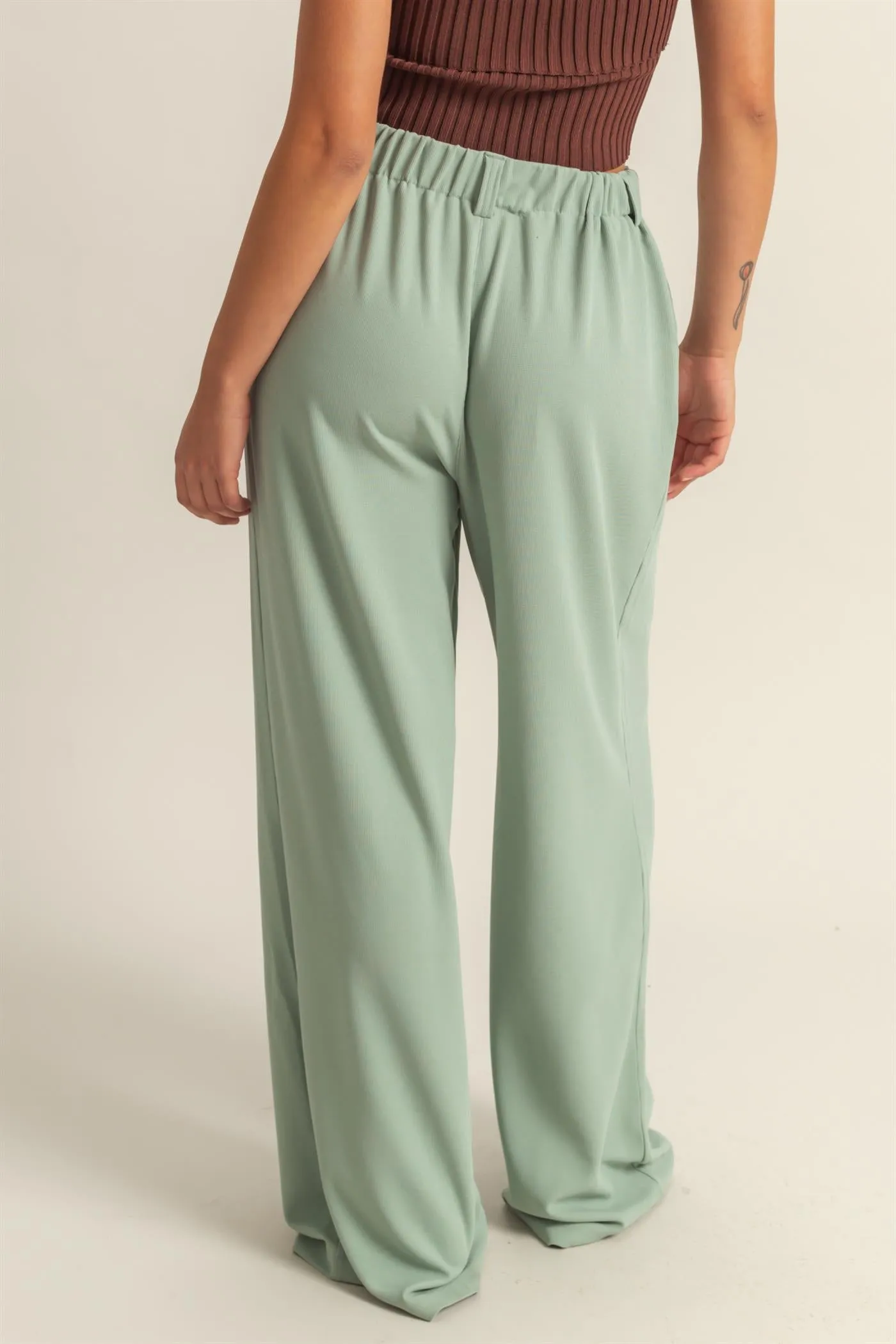 DZ25A673-Waffle Knit High-Waist Wide-Leg Pants