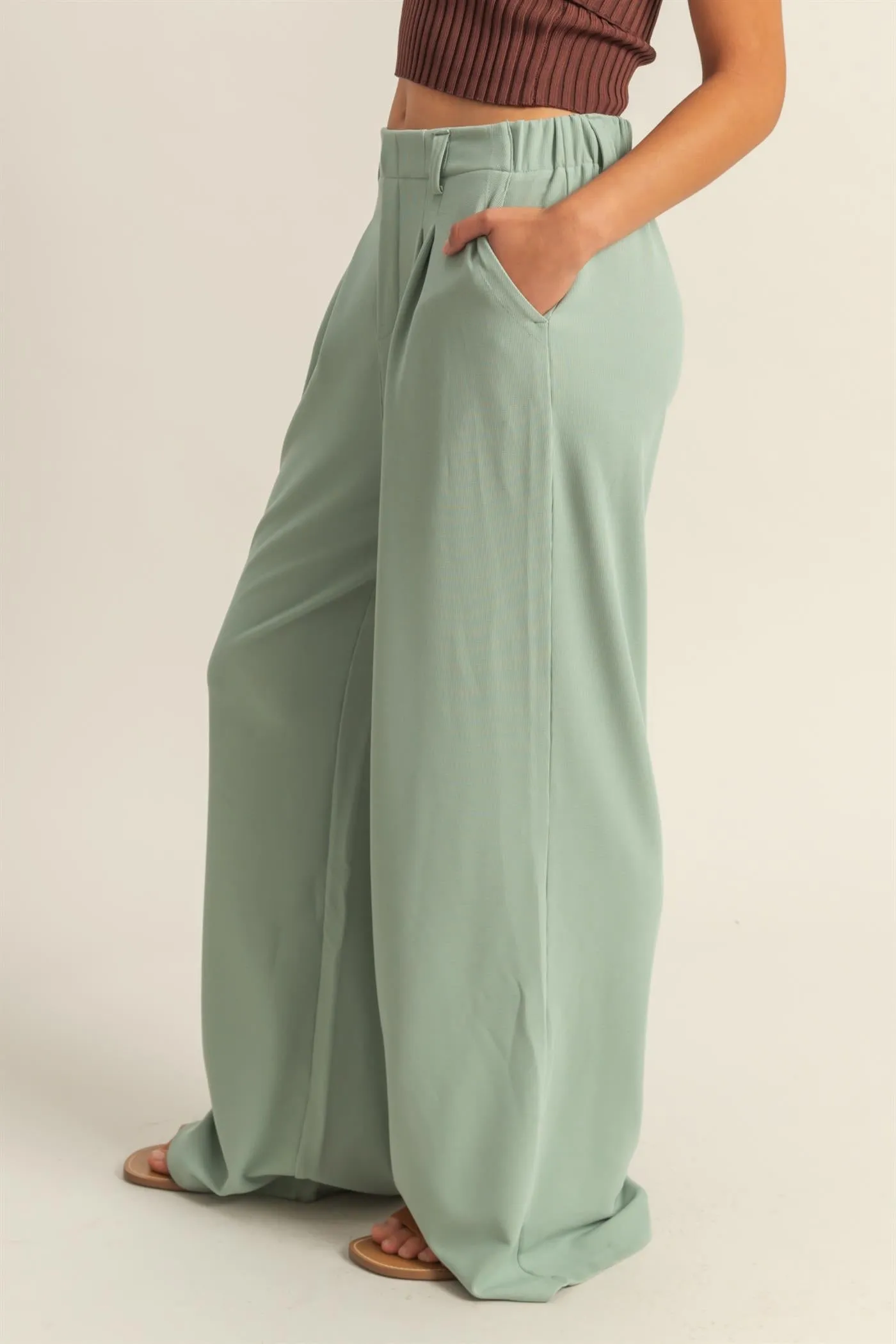 DZ25A673-Waffle Knit High-Waist Wide-Leg Pants