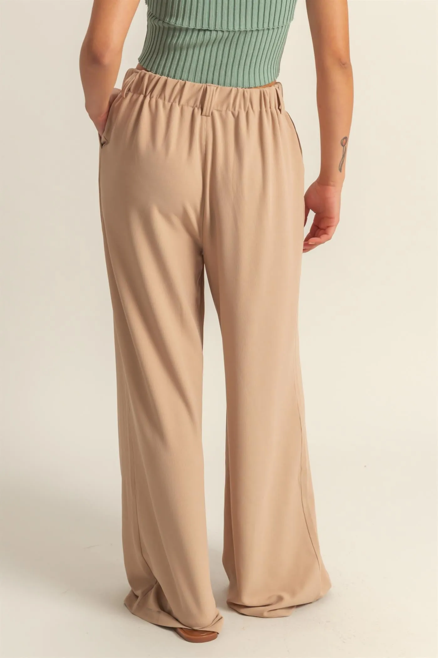 DZ25A673-Waffle Knit High-Waist Wide-Leg Pants