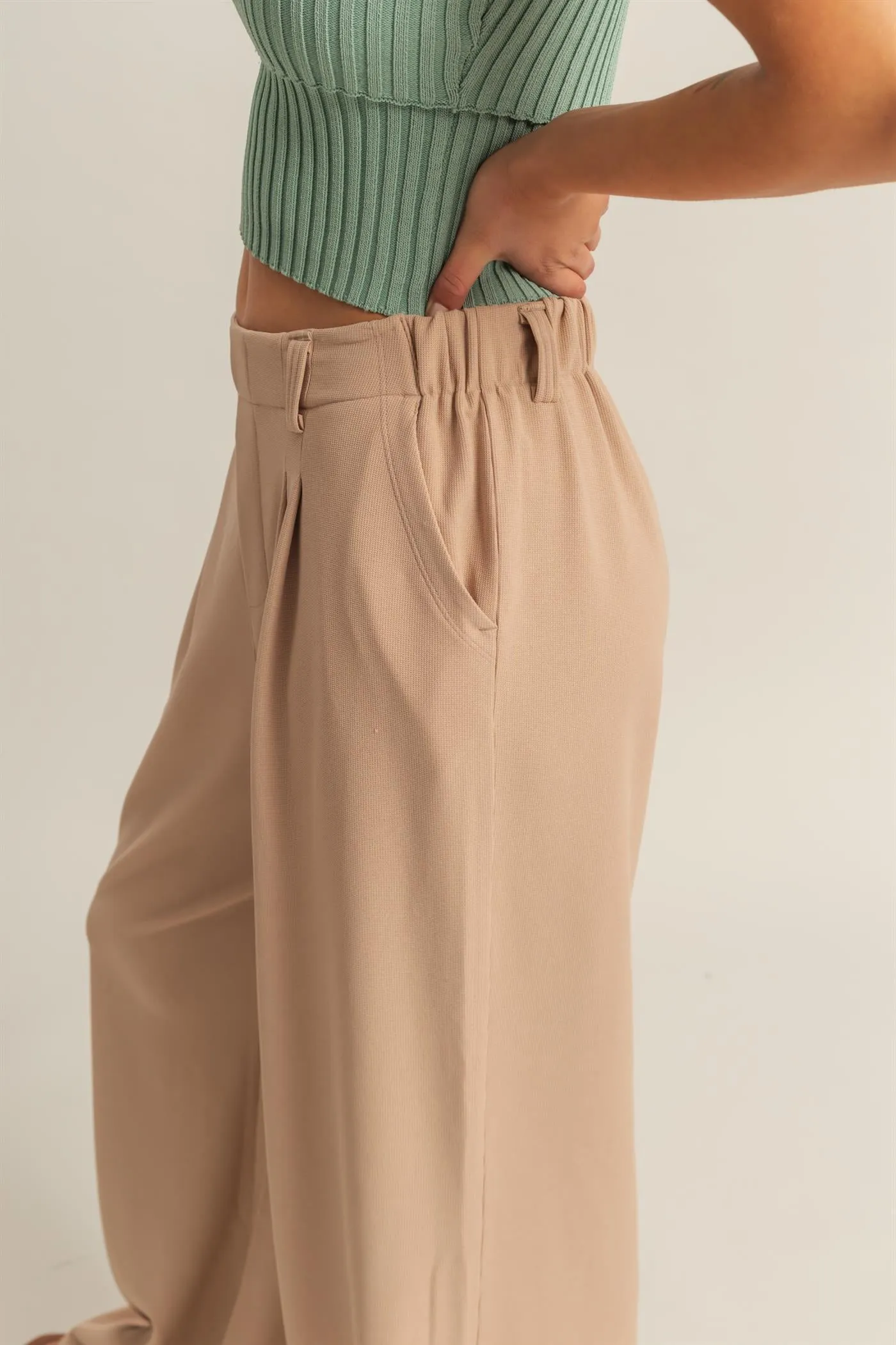 DZ25A673-Waffle Knit High-Waist Wide-Leg Pants