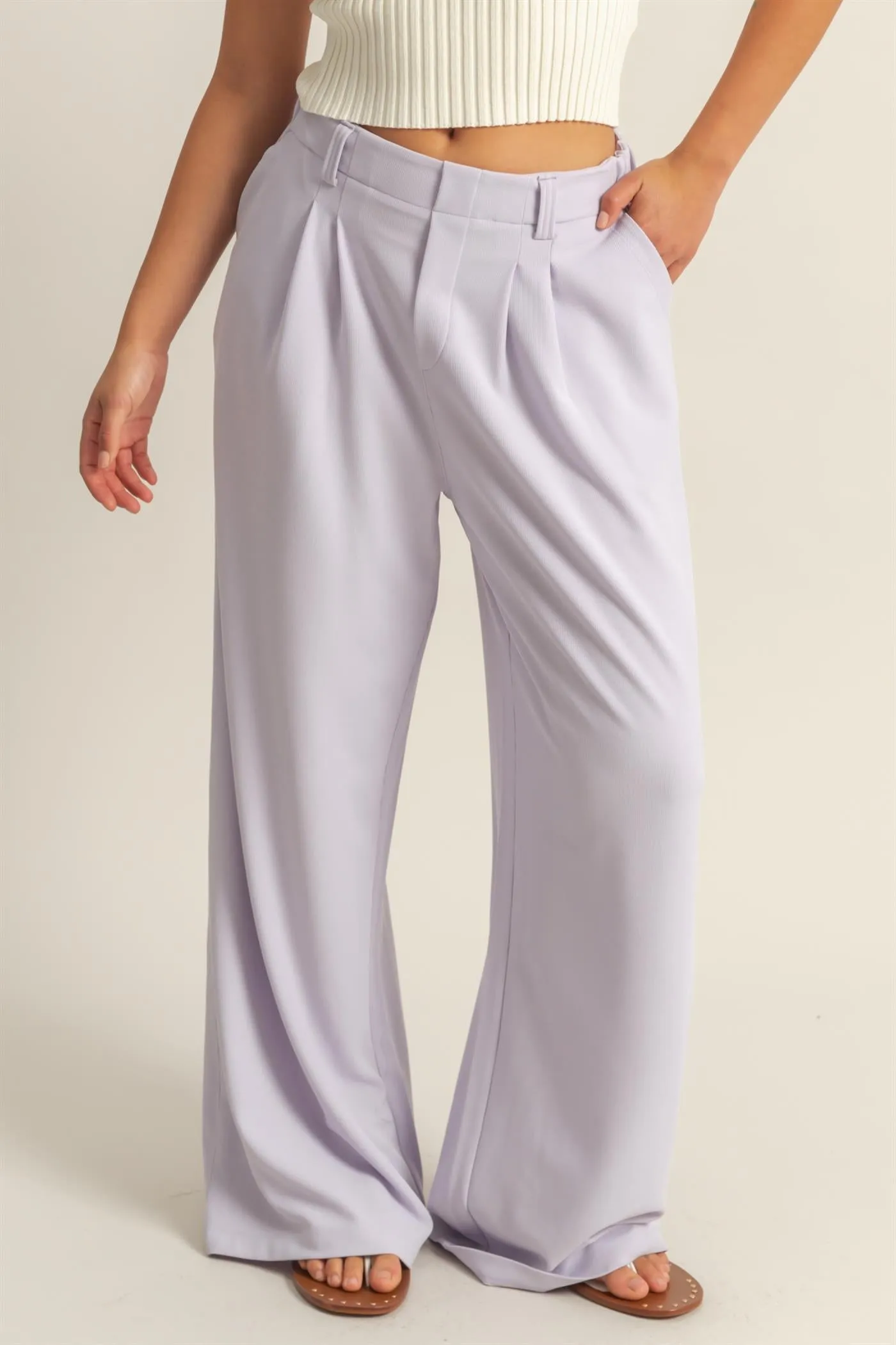 DZ25A673-Waffle Knit High-Waist Wide-Leg Pants