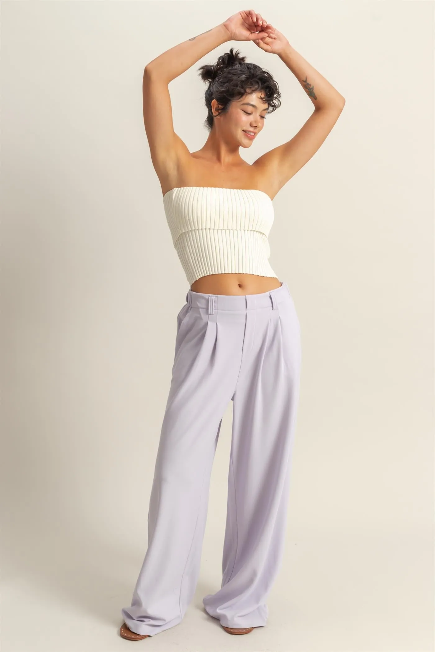 DZ25A673-Waffle Knit High-Waist Wide-Leg Pants