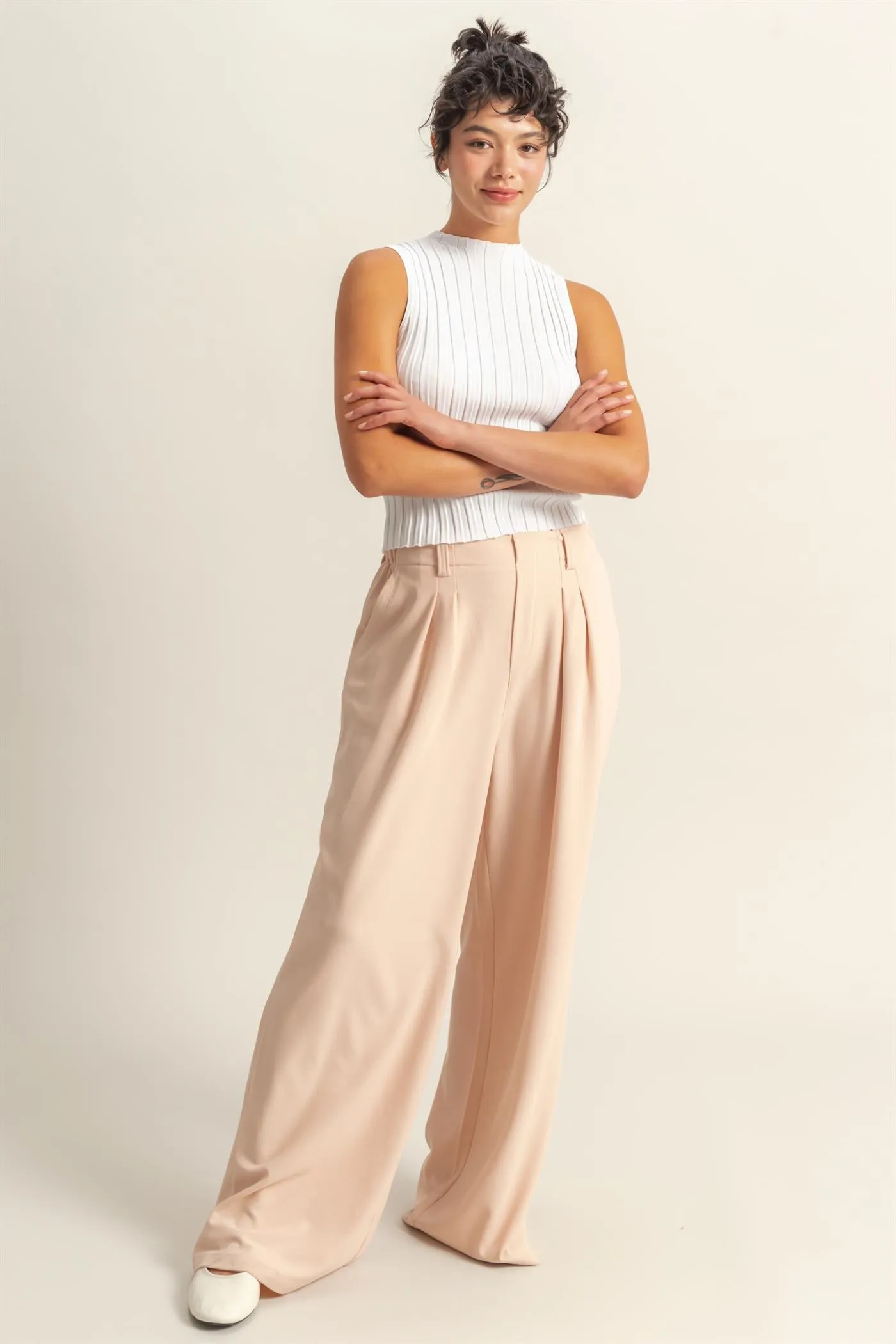 DZ25A673-Waffle Knit High-Waist Wide-Leg Pants