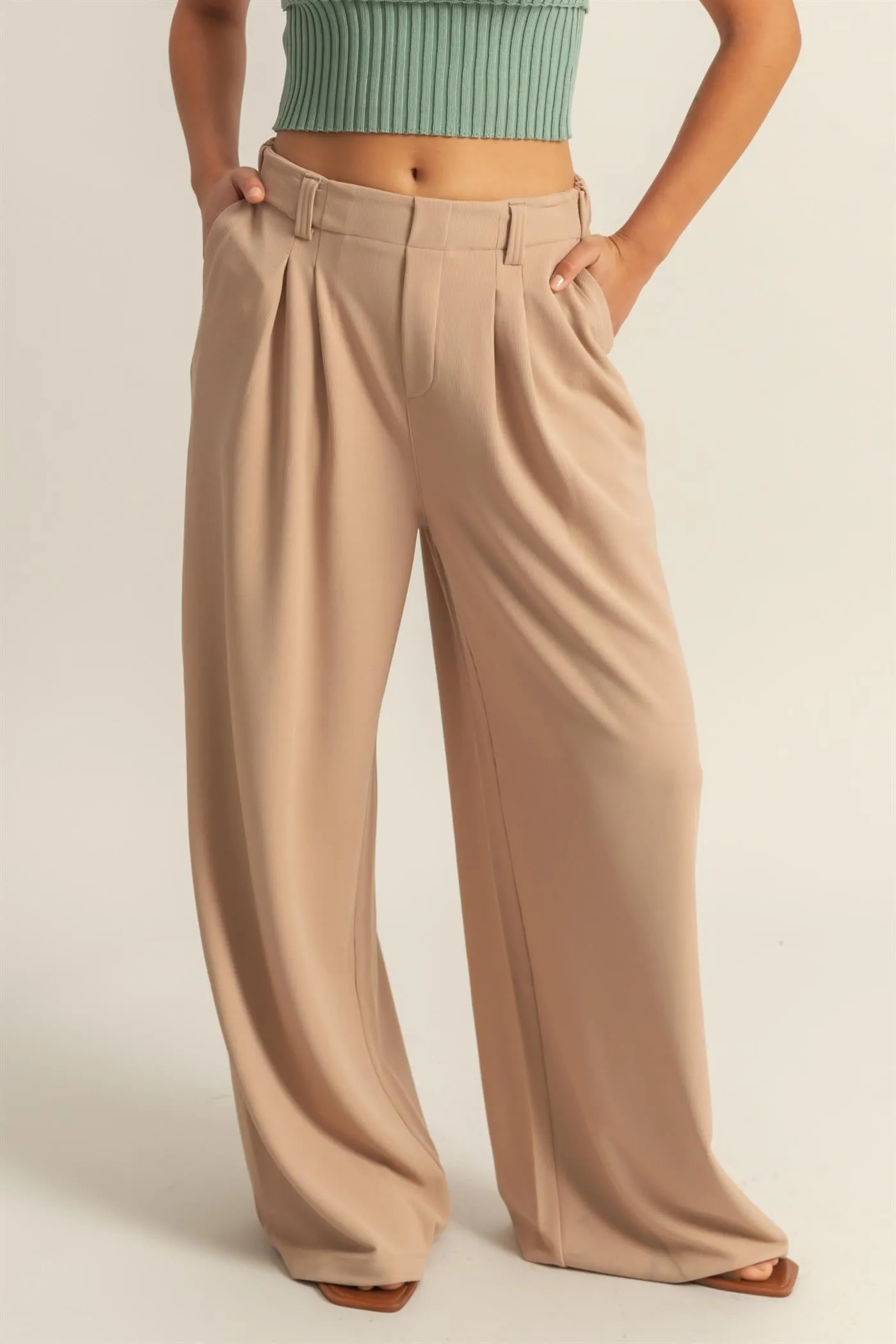 DZ25A673-Waffle Knit High-Waist Wide-Leg Pants