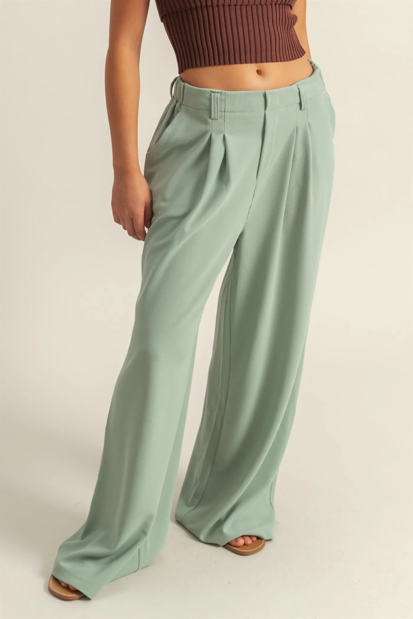 DZ25A673-Waffle Knit High-Waist Wide-Leg Pants