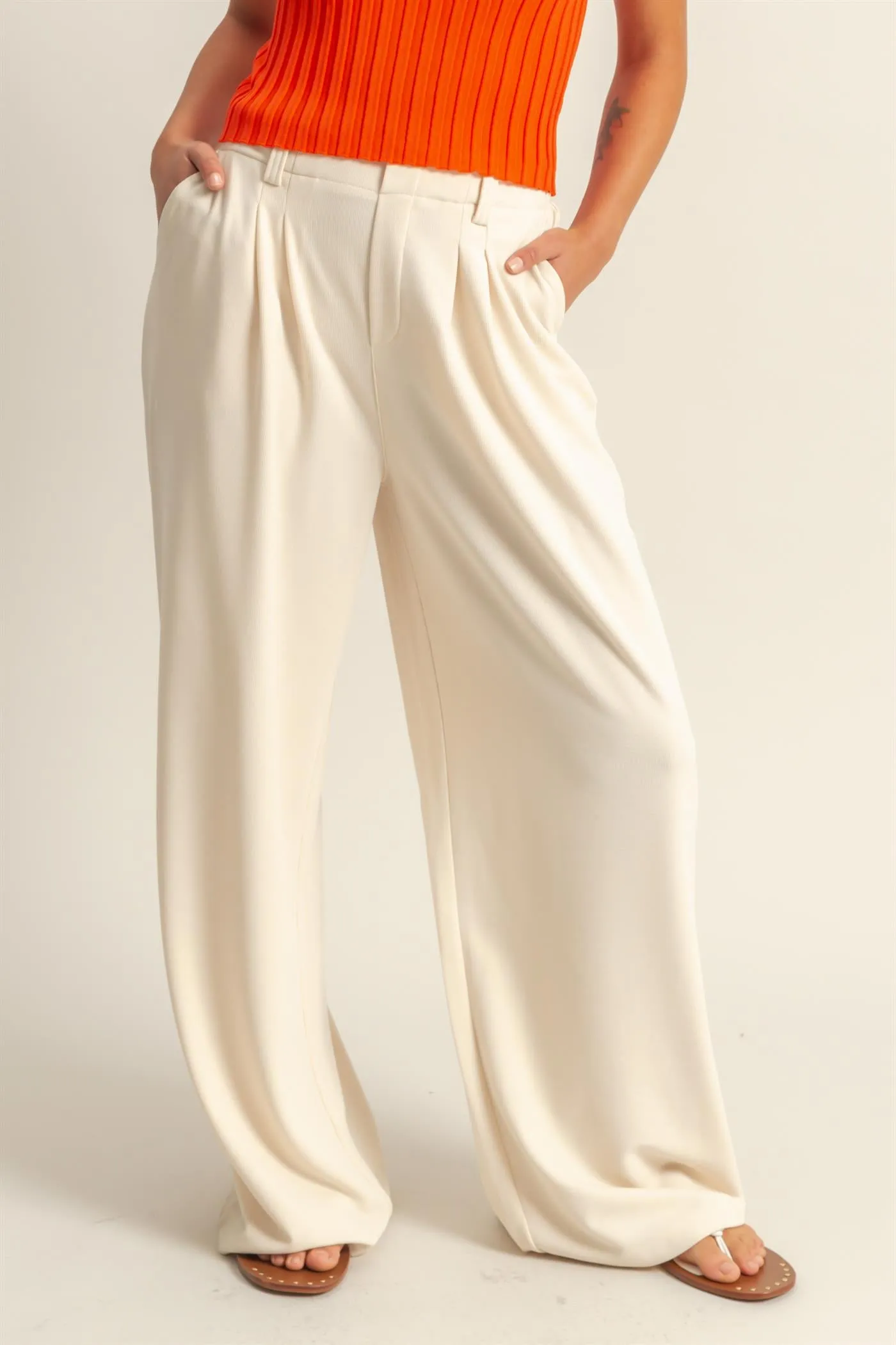 DZ25A673-Waffle Knit High-Waist Wide-Leg Pants