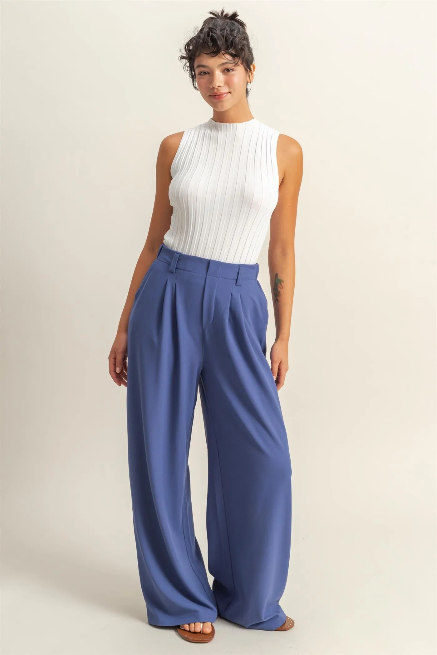 DZ25A673-Waffle Knit High-Waist Wide-Leg Pants