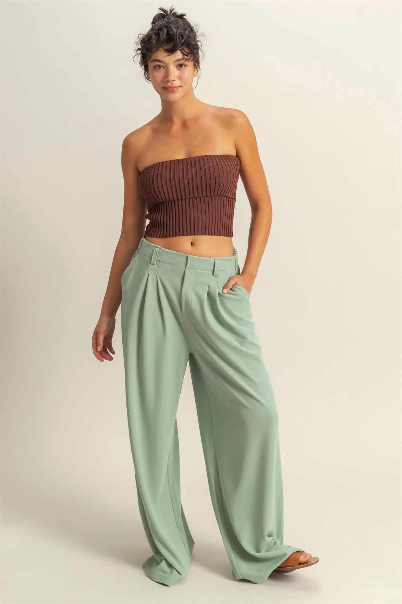 DZ25A673-Waffle Knit High-Waist Wide-Leg Pants