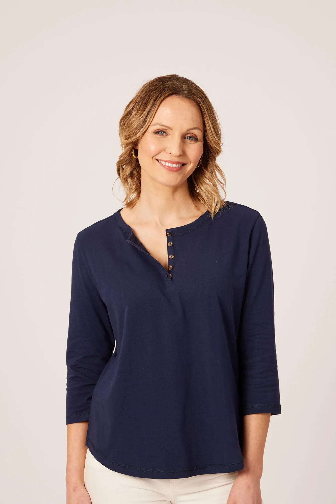 Elizabeth - Henley Jersey Top - Navy