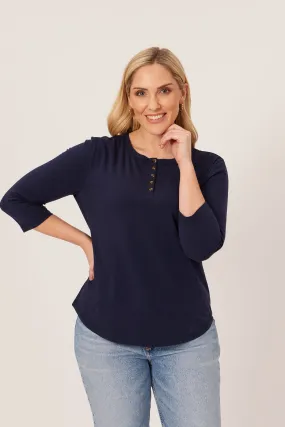 Elizabeth - Henley Jersey Top - Navy