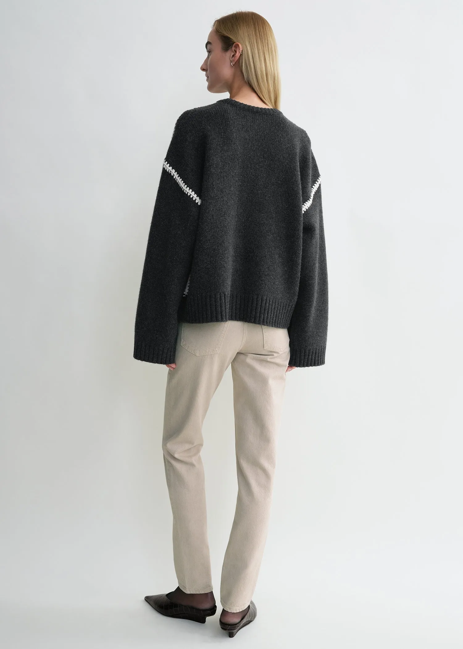 Embroidered wool cashmere knit grey melange