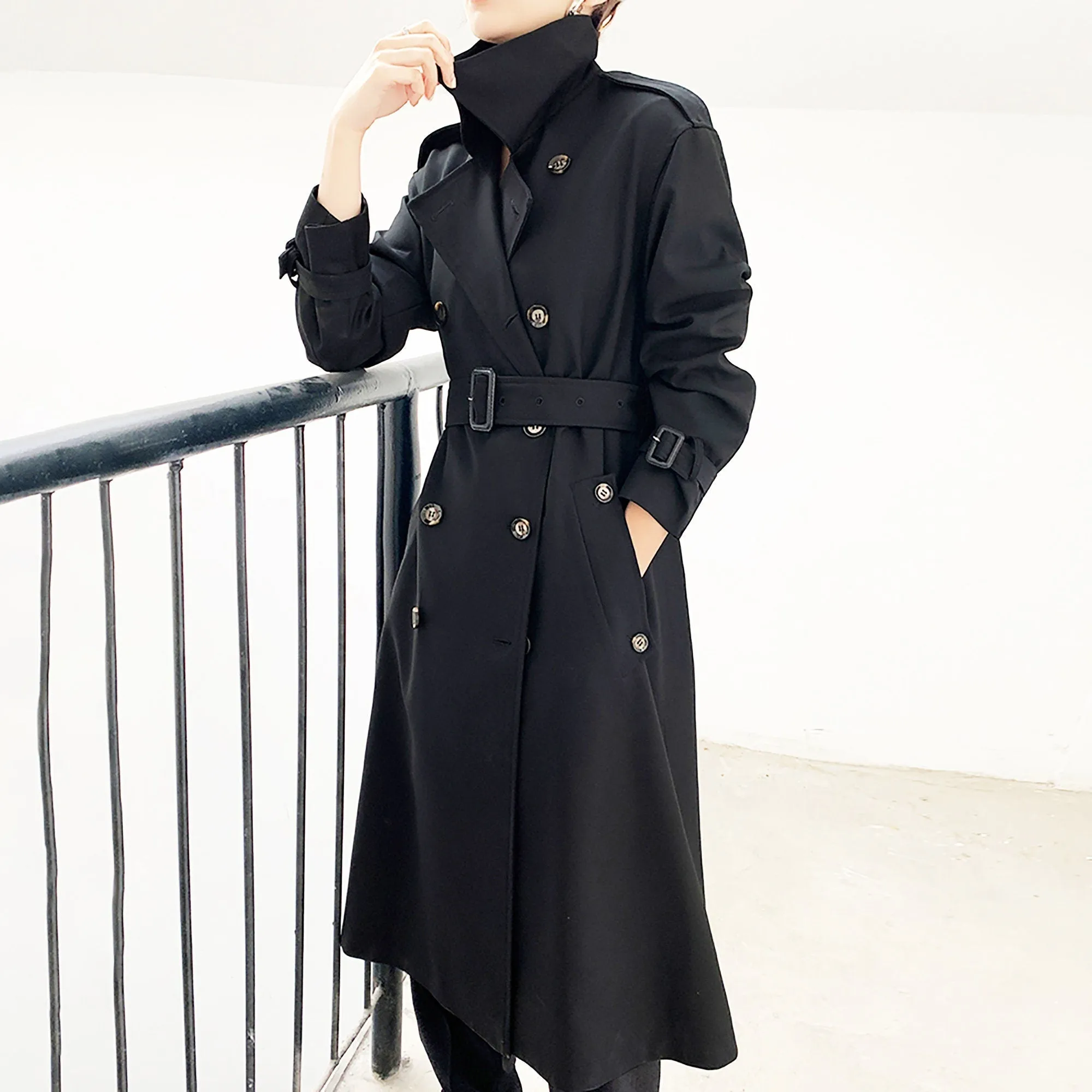 Epaulet Double Breasted Button Belted Long Trench Coat