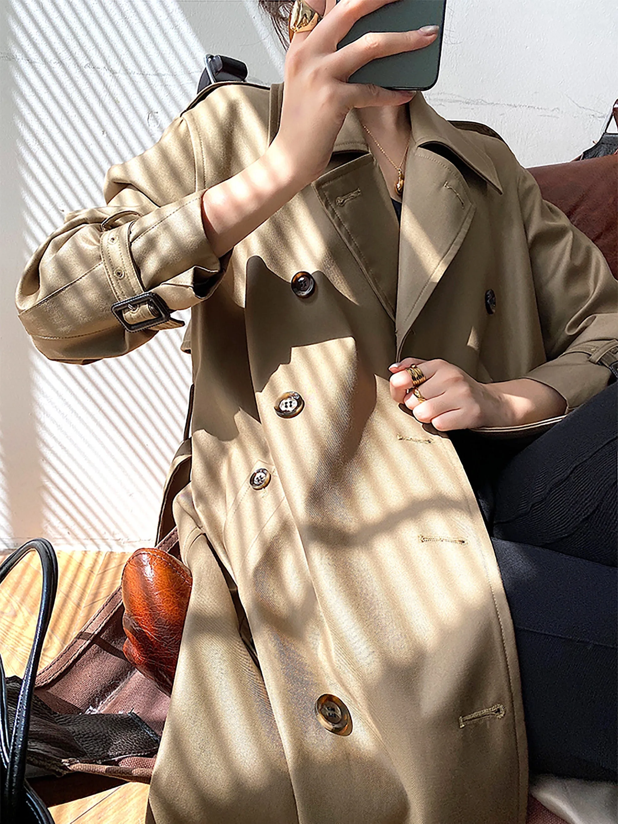 Epaulet Double Breasted Button Belted Long Trench Coat