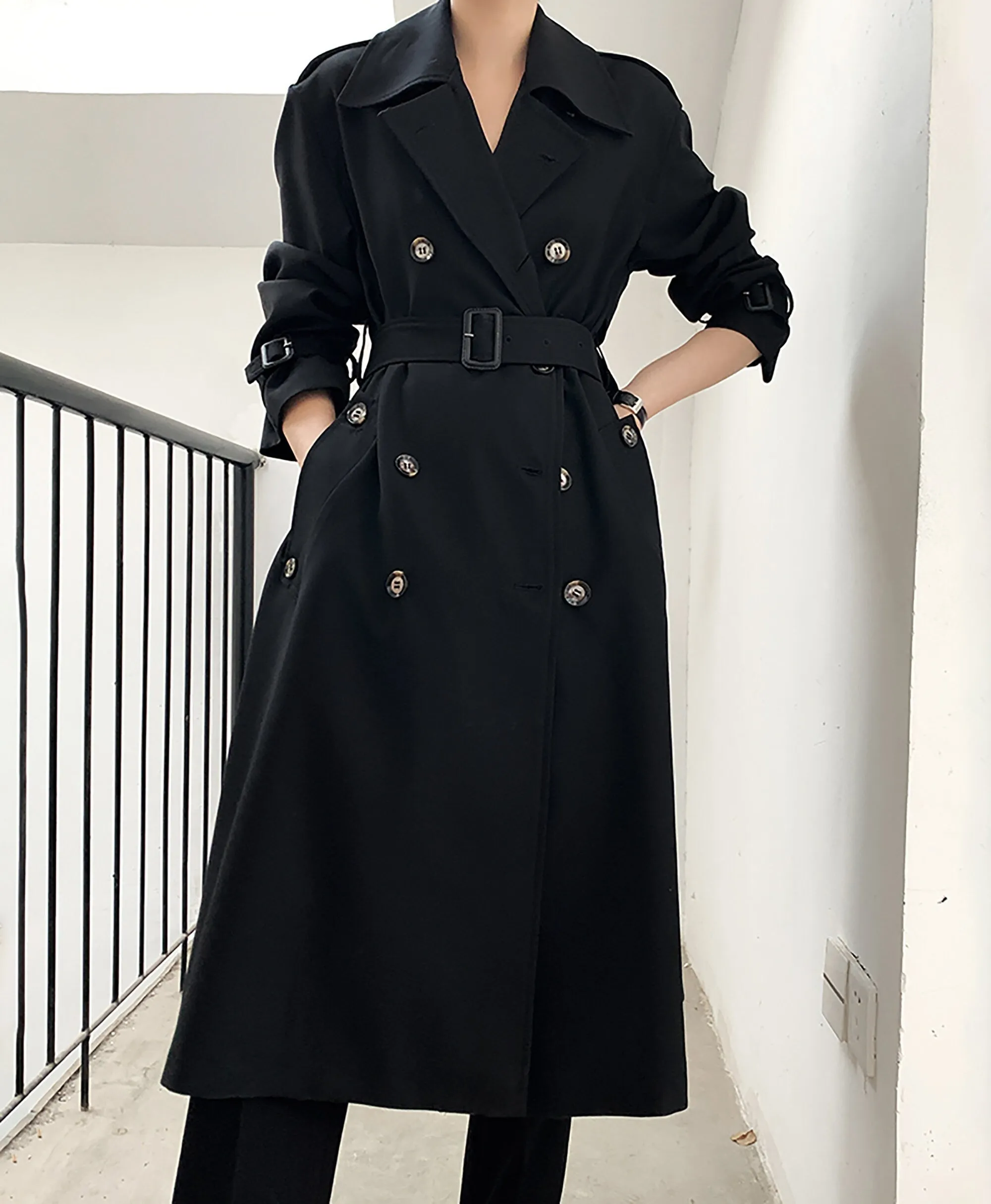 Epaulet Double Breasted Button Belted Long Trench Coat