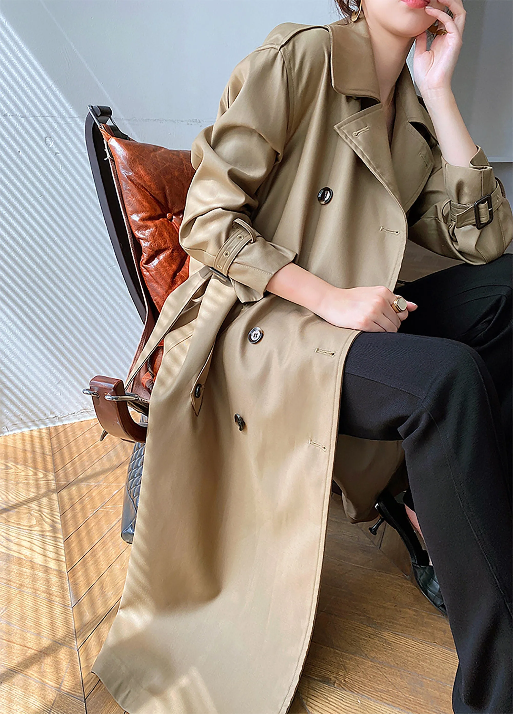 Epaulet Double Breasted Button Belted Long Trench Coat