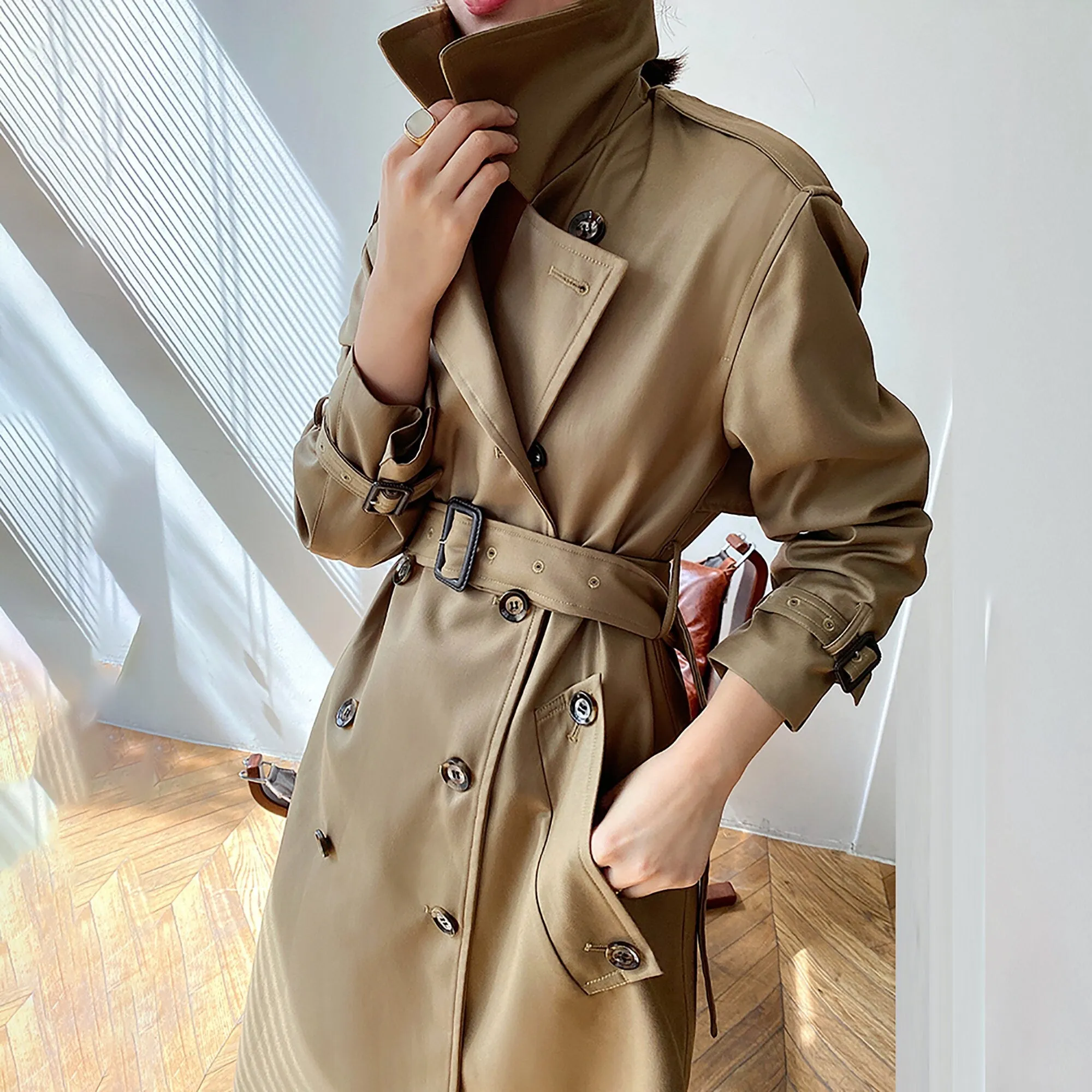 Epaulet Double Breasted Button Belted Long Trench Coat