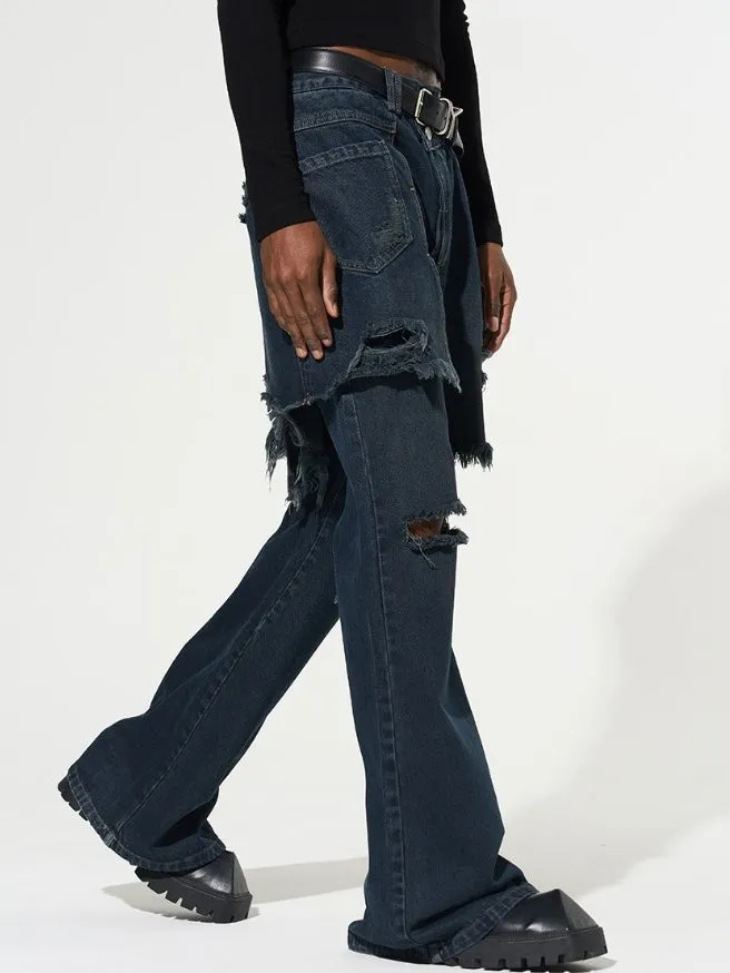 Fake Two Piece Stitched Flared Denim Pants