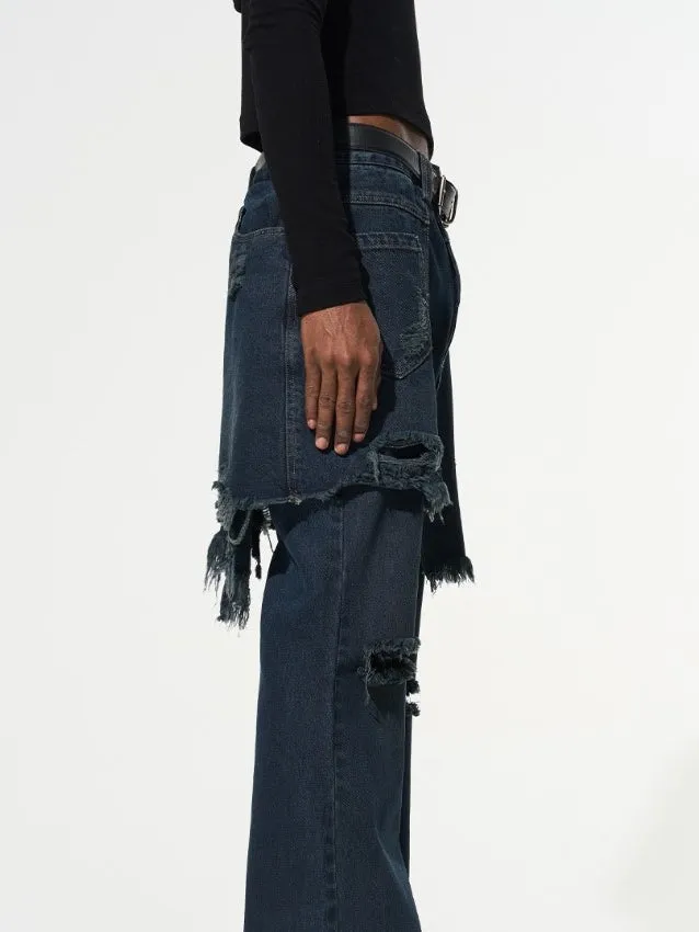 Fake Two Piece Stitched Flared Denim Pants