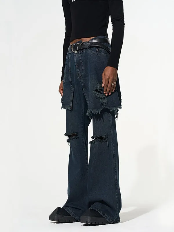 Fake Two Piece Stitched Flared Denim Pants