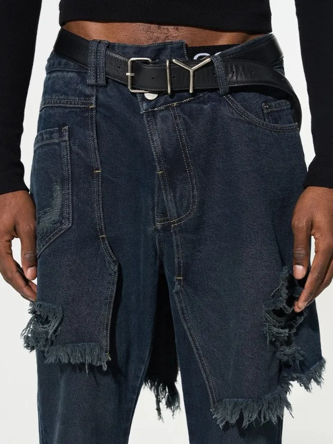 Fake Two Piece Stitched Flared Denim Pants