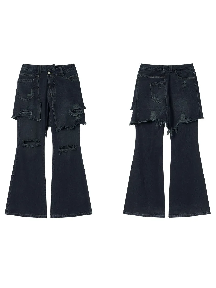 Fake Two Piece Stitched Flared Denim Pants