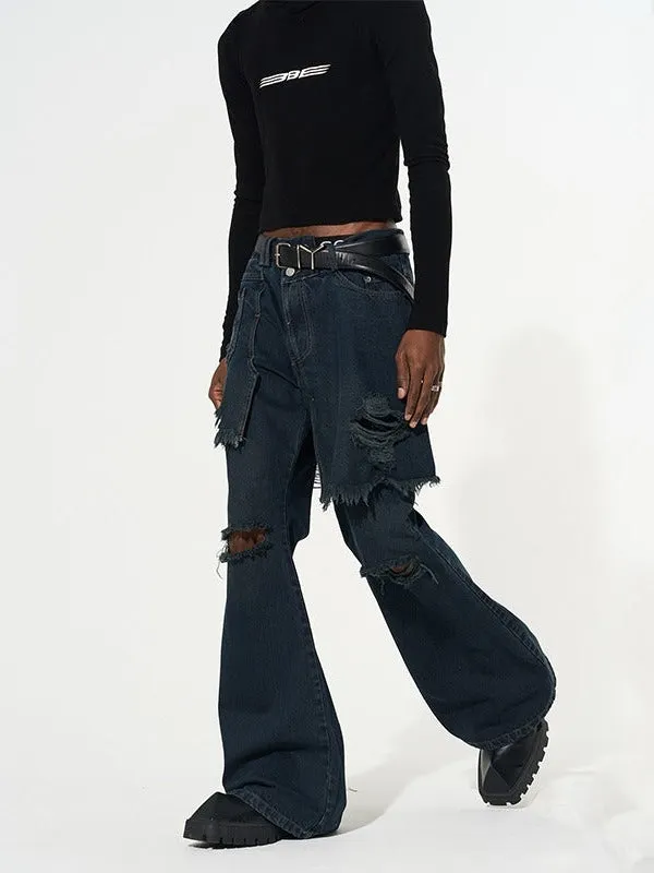 Fake Two Piece Stitched Flared Denim Pants