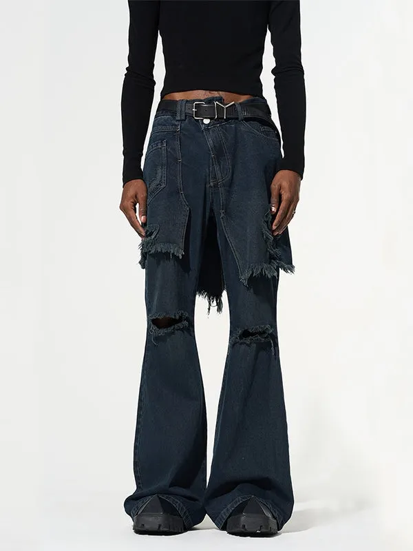 Fake Two Piece Stitched Flared Denim Pants