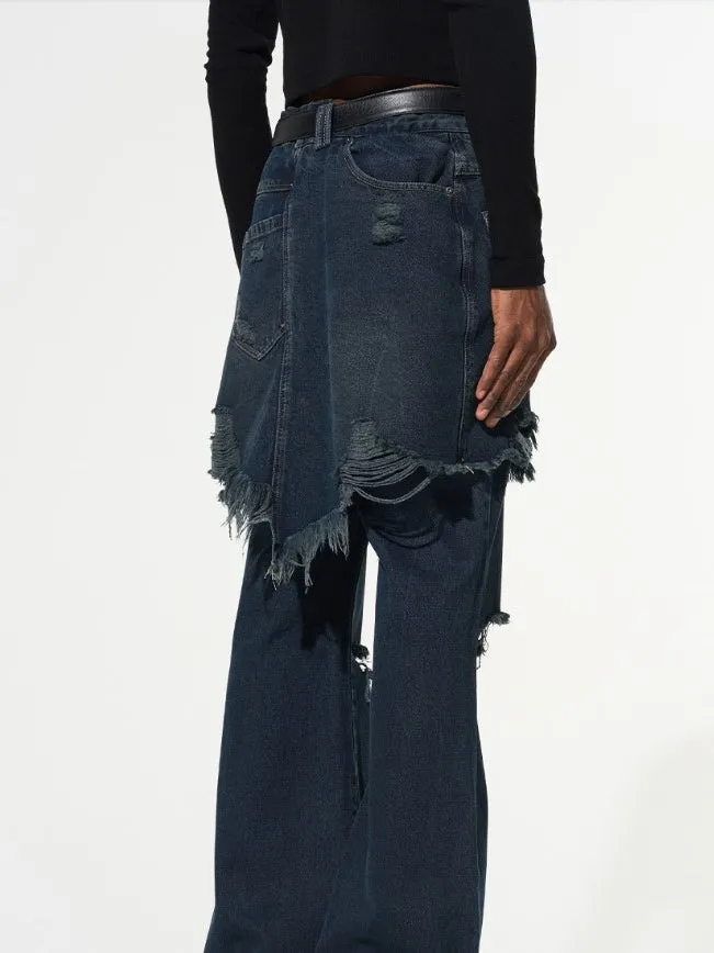 Fake Two Piece Stitched Flared Denim Pants