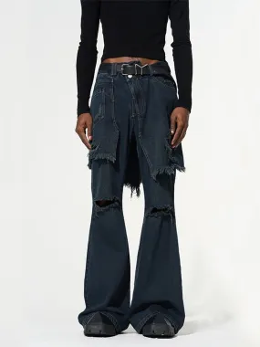 Fake Two Piece Stitched Flared Denim Pants