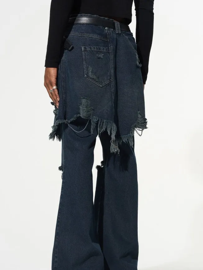 Fake Two Piece Stitched Flared Denim Pants